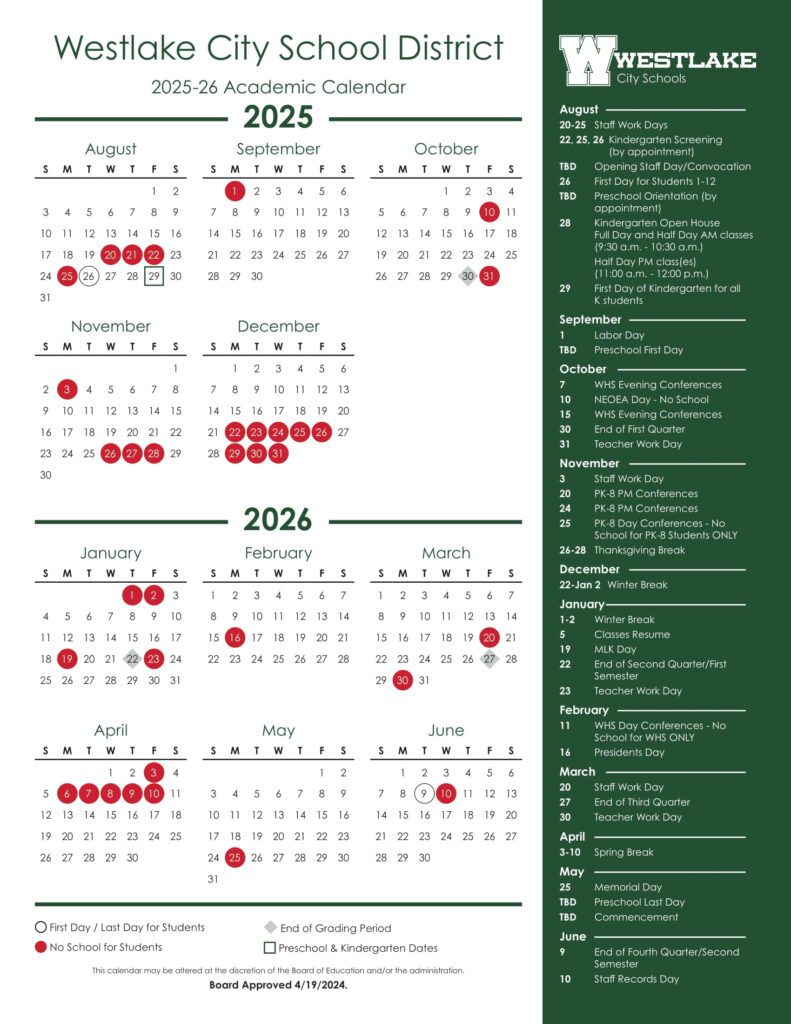 Westlake City School District 25-26 calendar