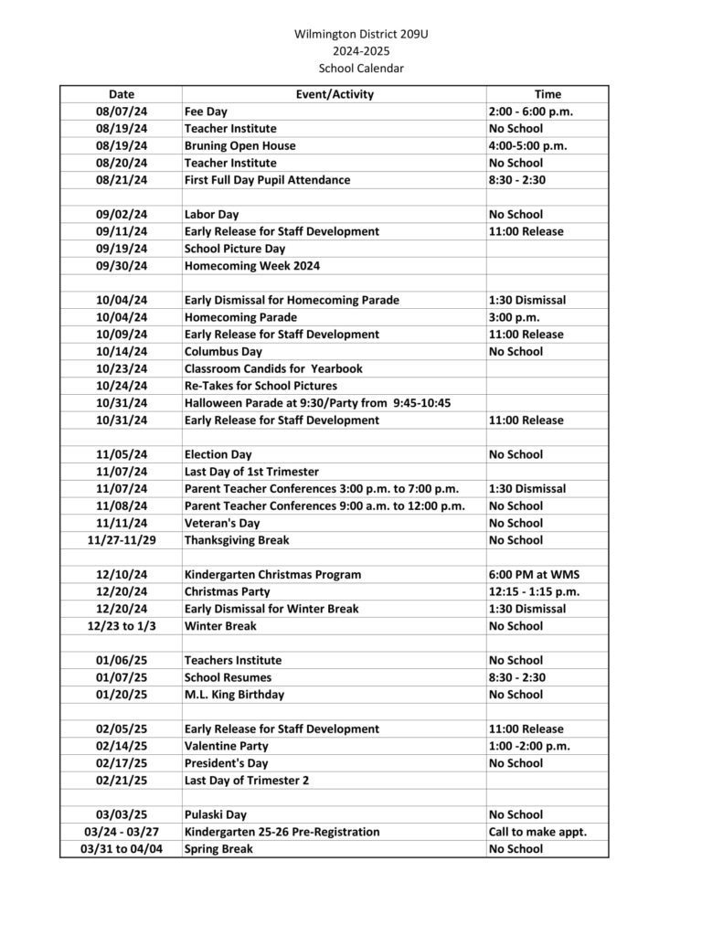 Wilmington District 209U calendar
