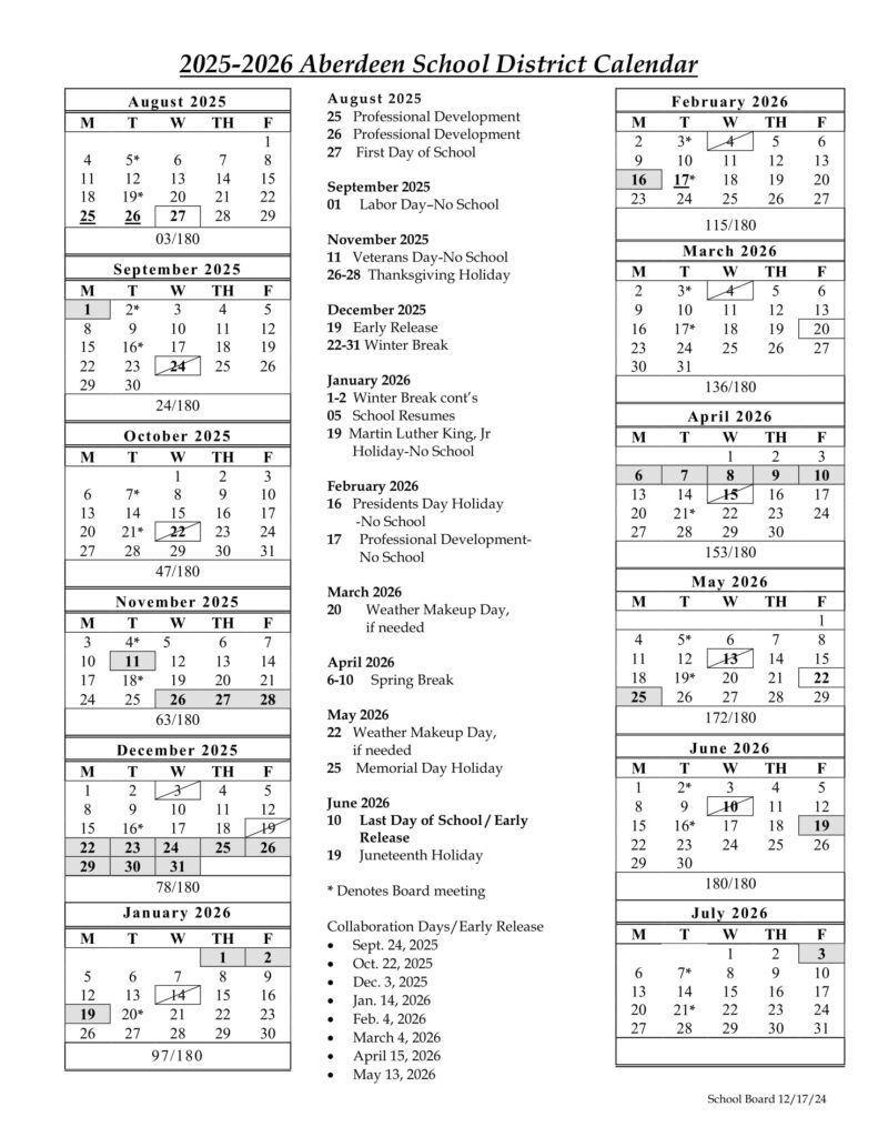 ABERDEEN SCHOOL DISTRICT CALENDAR