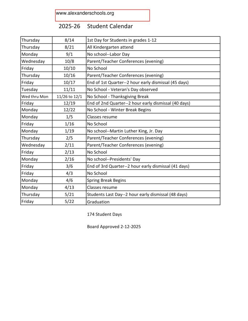 alexander local schools calendar