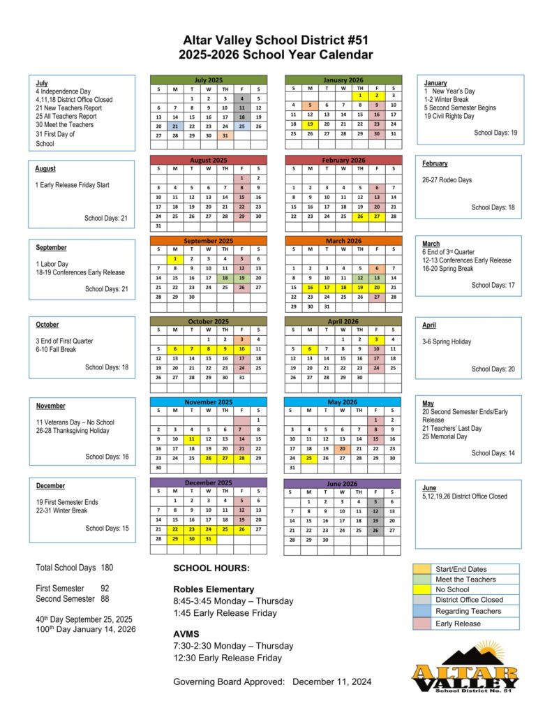 Altar Valley School District #51 calendar
