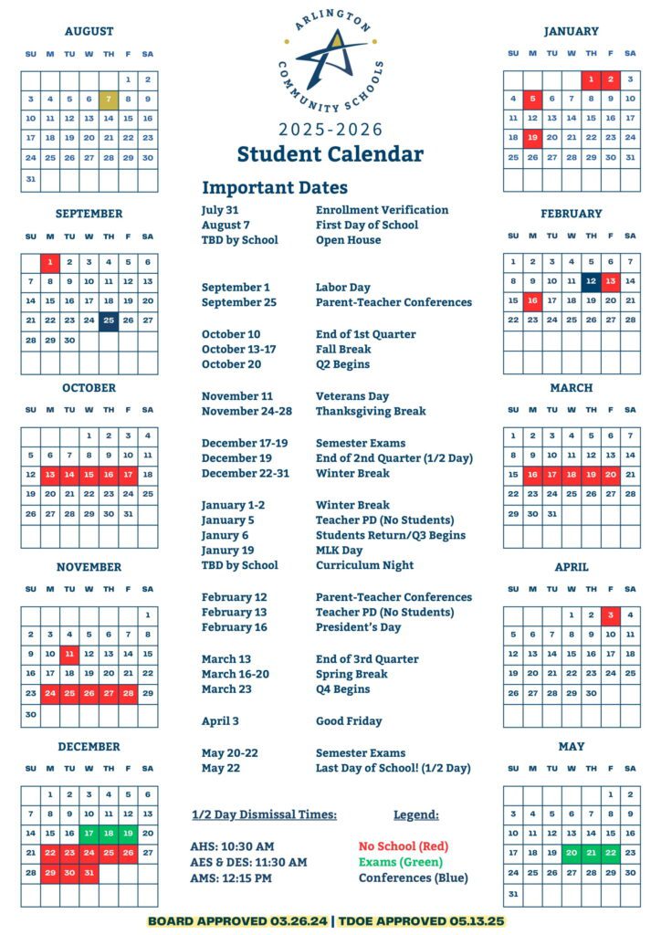 Arlington Community Schools TN Schools Calendar