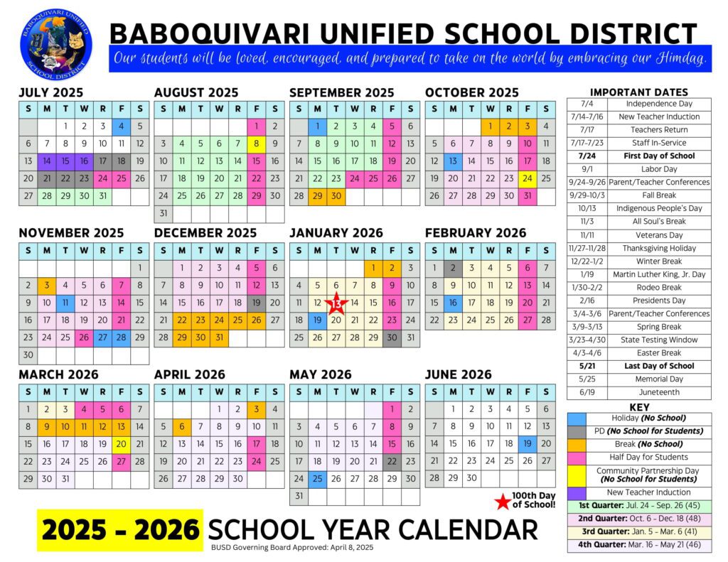 Baboquivari Unified School District Calendar