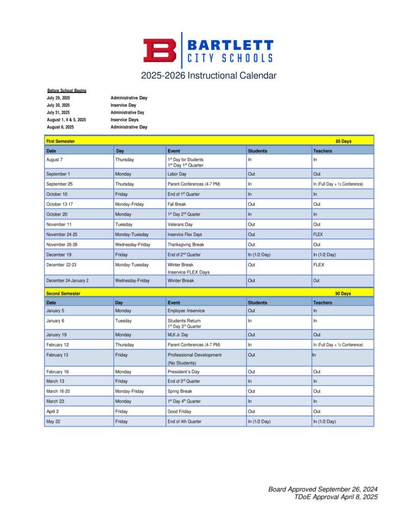 Bartlett City Schools calendar