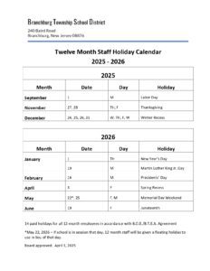 BRANCHBURG TOWNSHIP SCHOOL DISTRICT CALENDAR