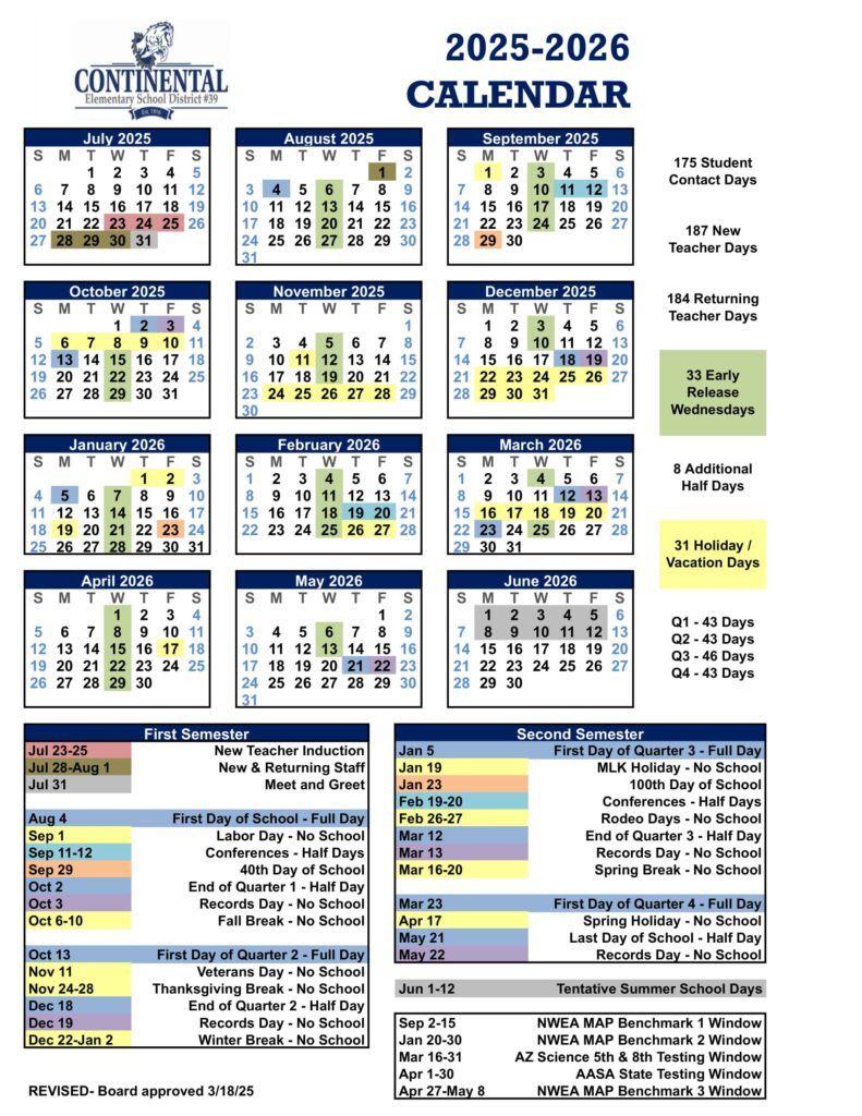 Continental Elementary School District Calendar