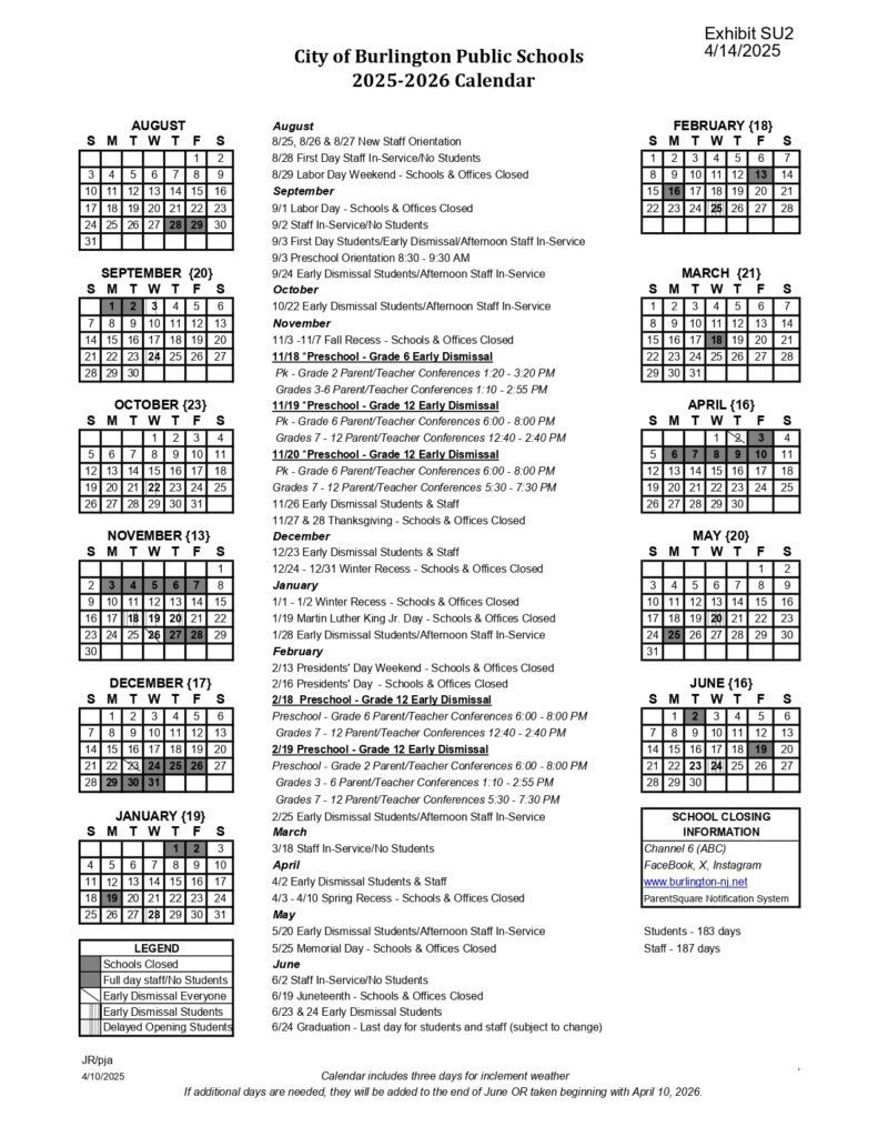 City of Burlington Public Schools Calendar