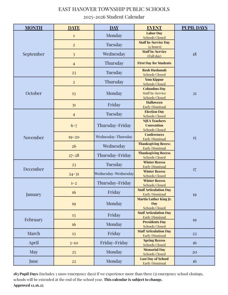 East Hanover Township School District CALENDAR
