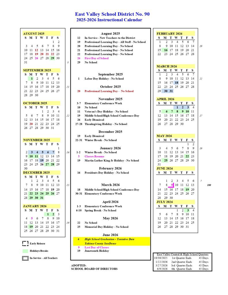 East Valley School District WA Calendar