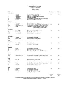 Essex Fells School calendar 25-26