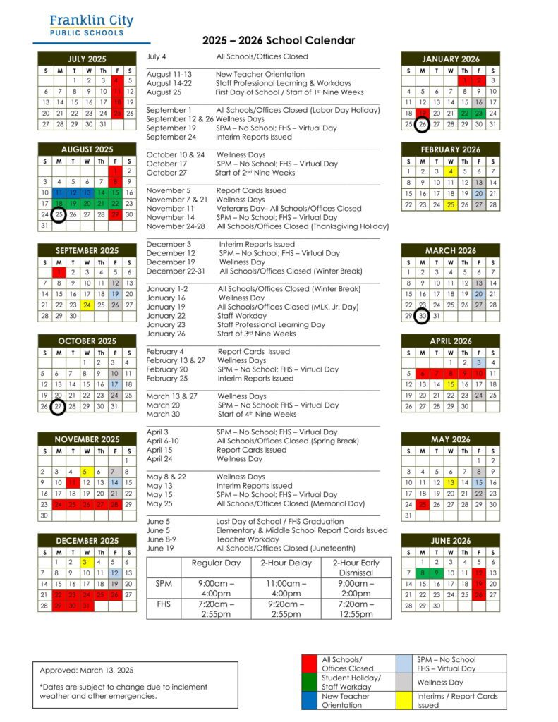 Franklin City Public Schools va Calendar