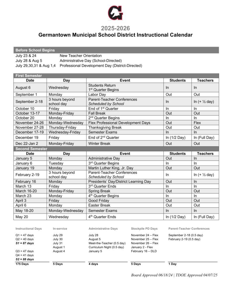 Germantown Municipal School District Calendar