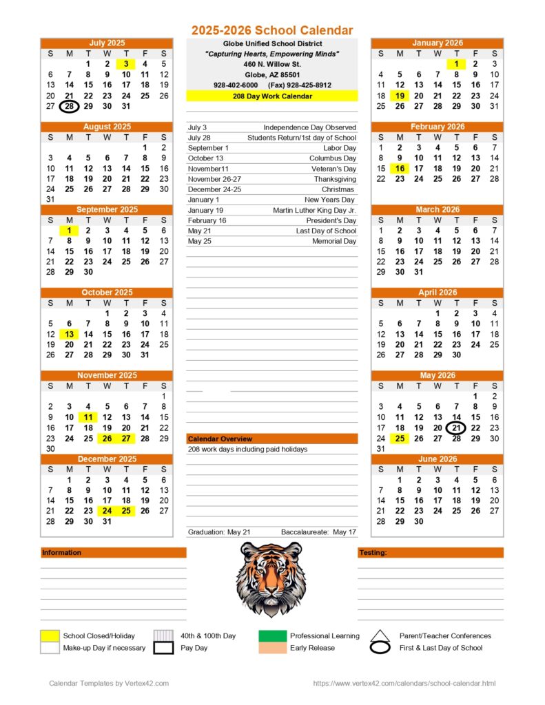 GLOBE HIGH SCHOOL CALENDAR