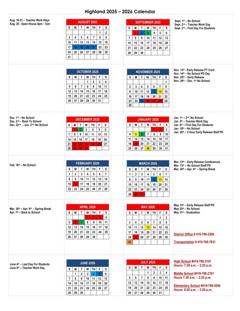 highland school calendar