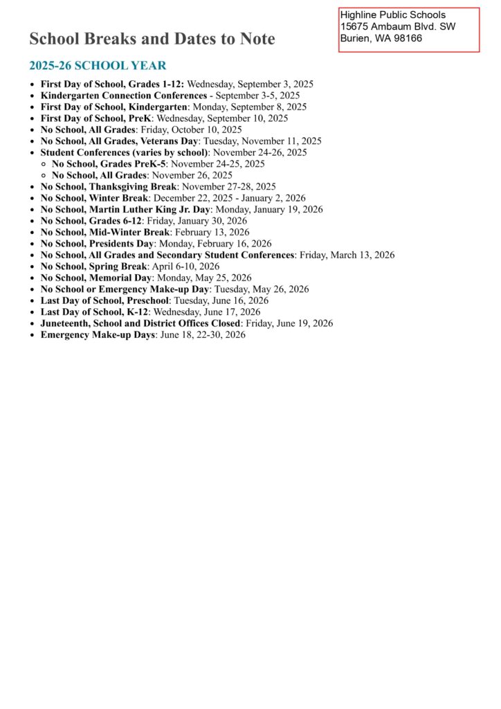Highline Public Schools CALENDAR