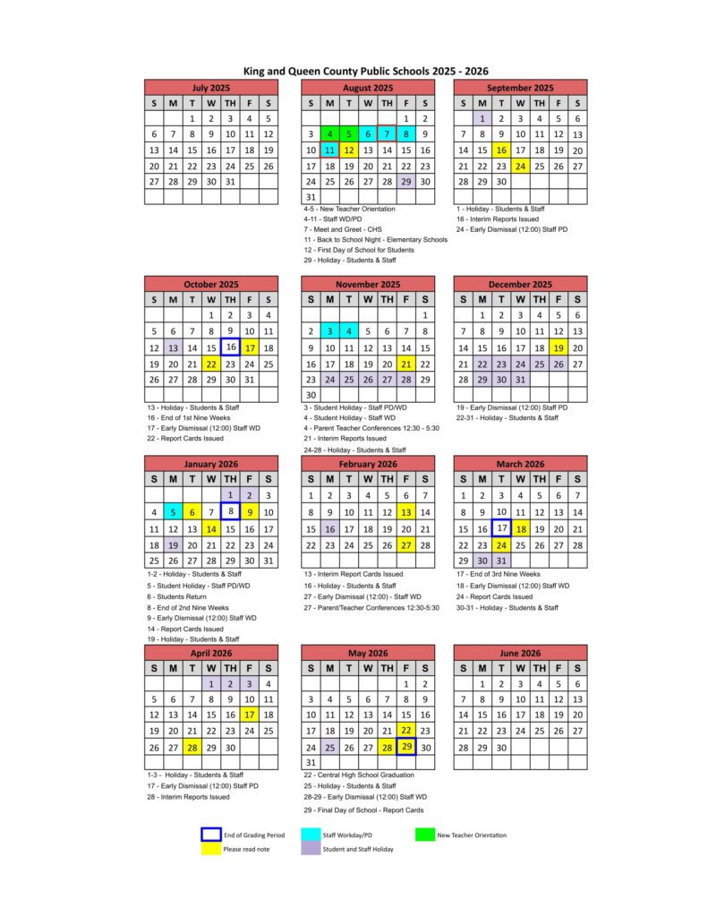 King and Queen County Public Schools CALENDAR