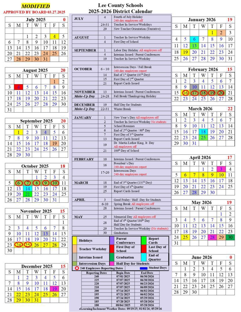 lee county school district calendar