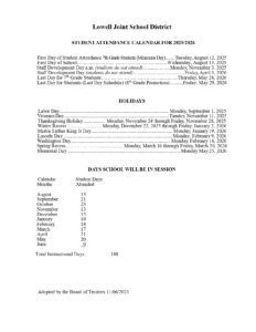 Lowell Joint School District Calendar