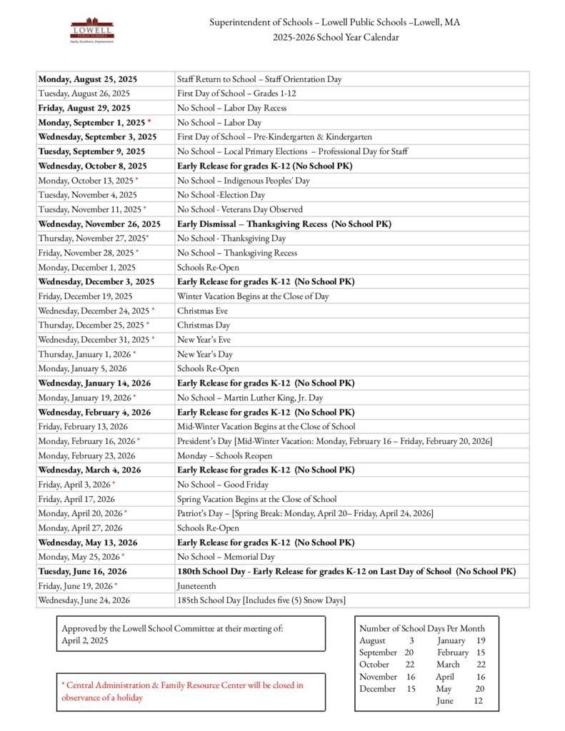 Lowell Public Schools CALENDAR