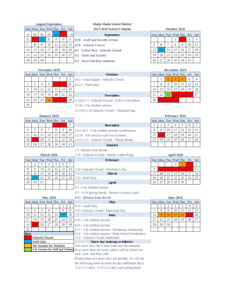 Maple Shade School District calendar
