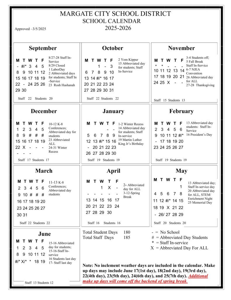MARGATE CITY SCHOOL CALENDAR
