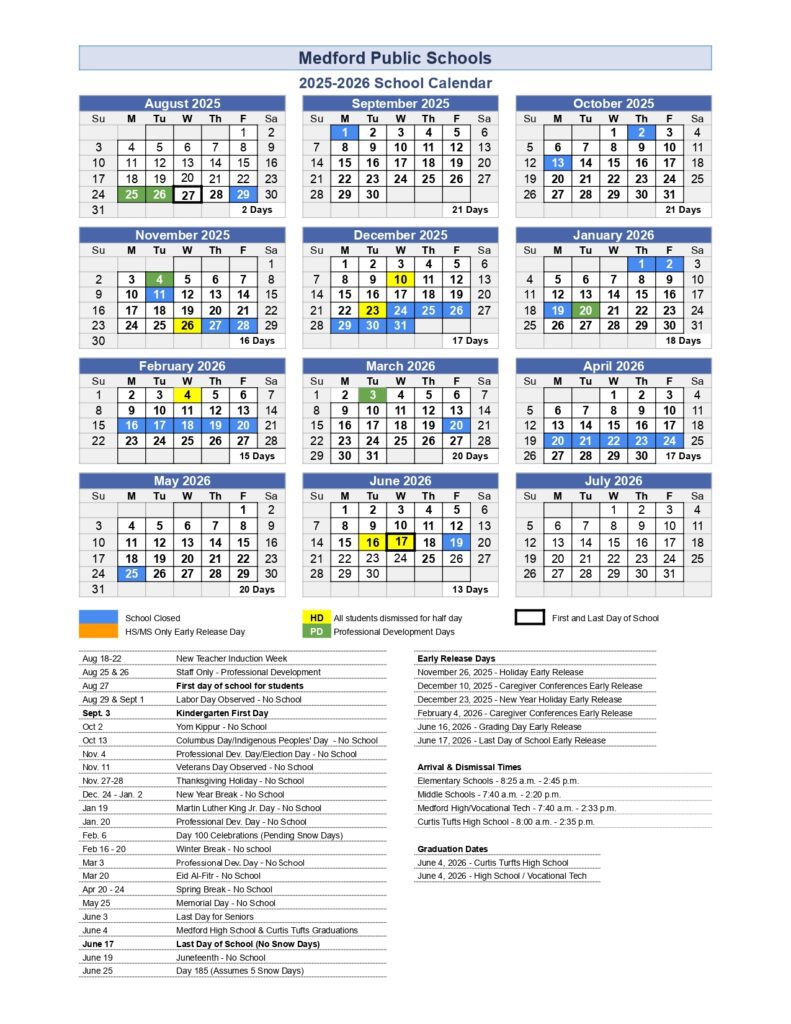 Medford Public Schools, CALENDAR