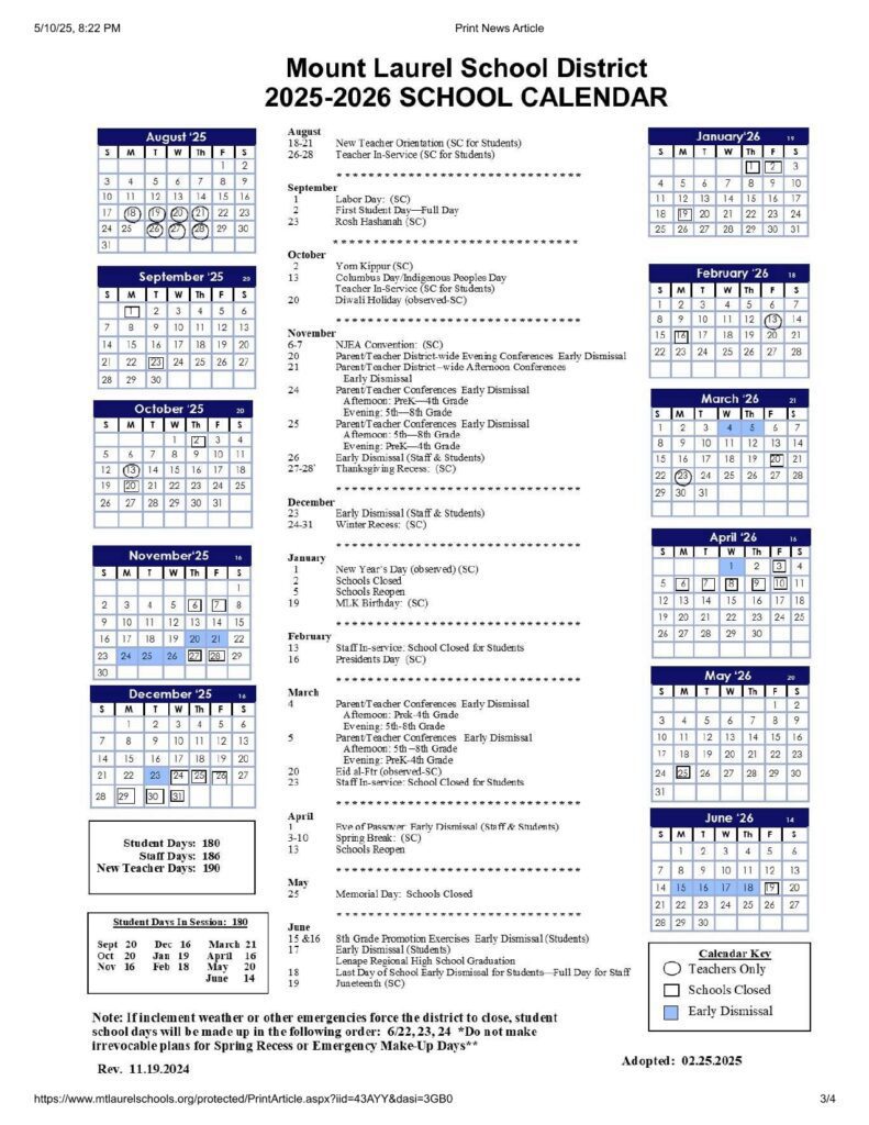 MOUNT LAUREL SCHOOLS CALENDAR