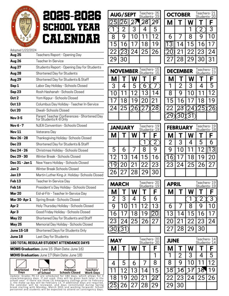 Mount Olive Township School District calendar