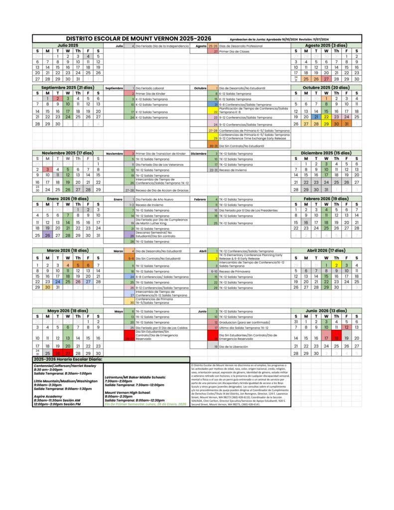 Mount Vernon School District Calendar