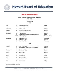 Newark Board of Education calendar