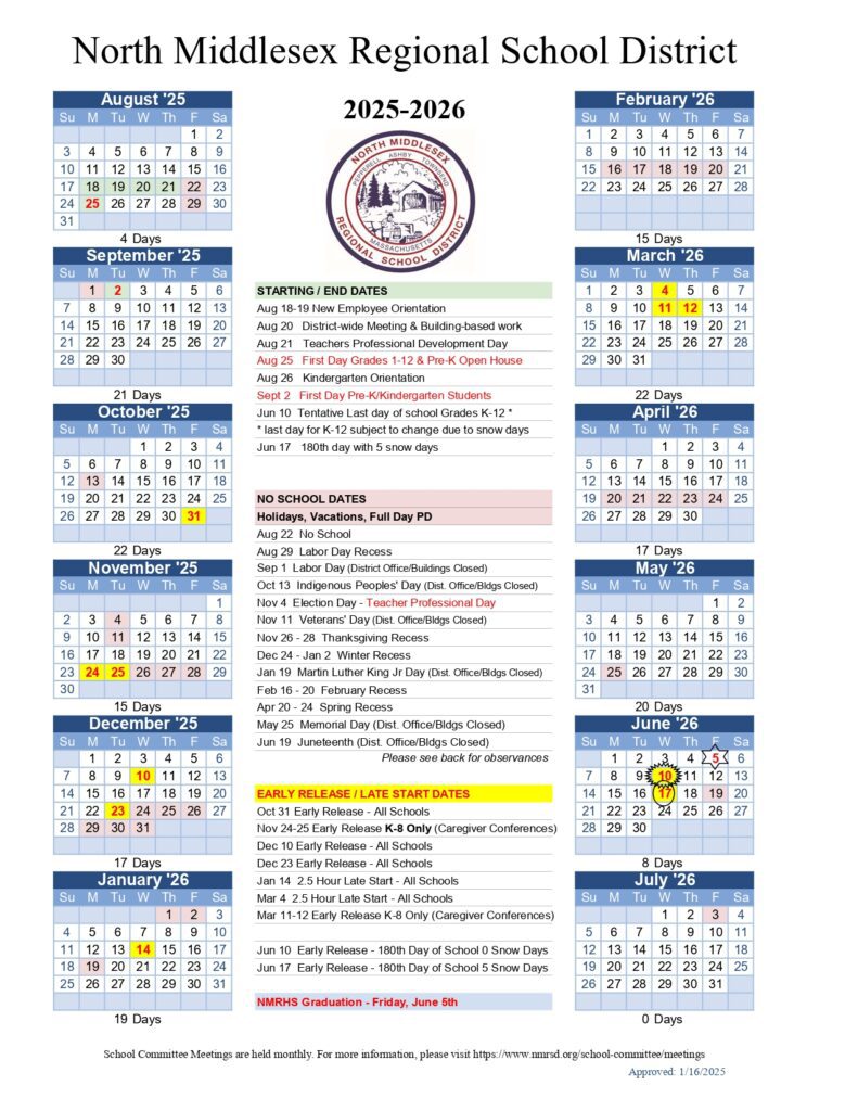 North Middlesex Regional School District calendar