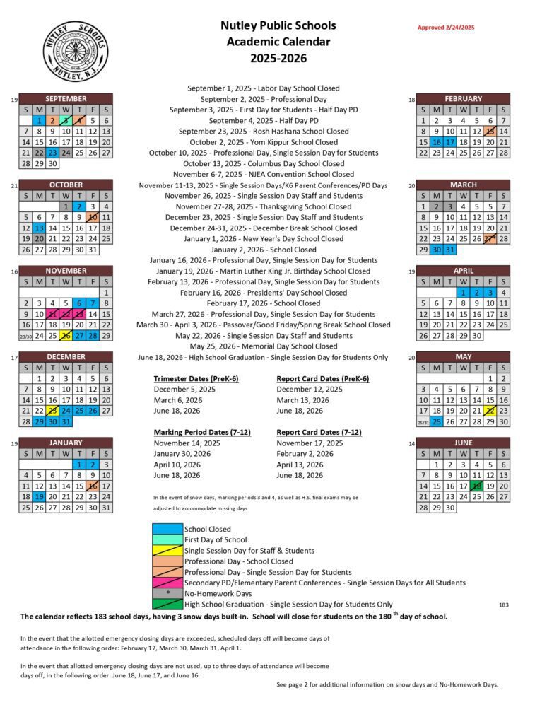 Nutley Public School District Calendar