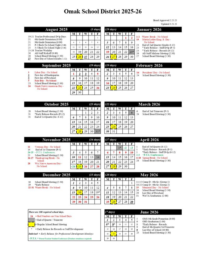 OMAK SCHOOL DISTRICT CALENDAR
