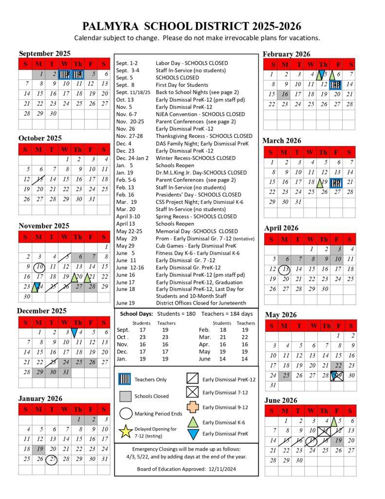 Palmyra School District Calendar