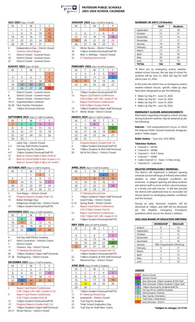 Paterson Public Schools calendar