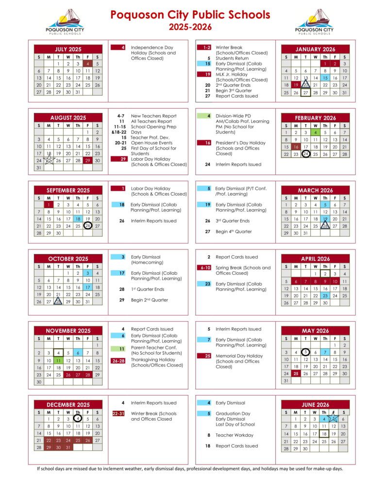 Poquoson City Public Schools va Calendar