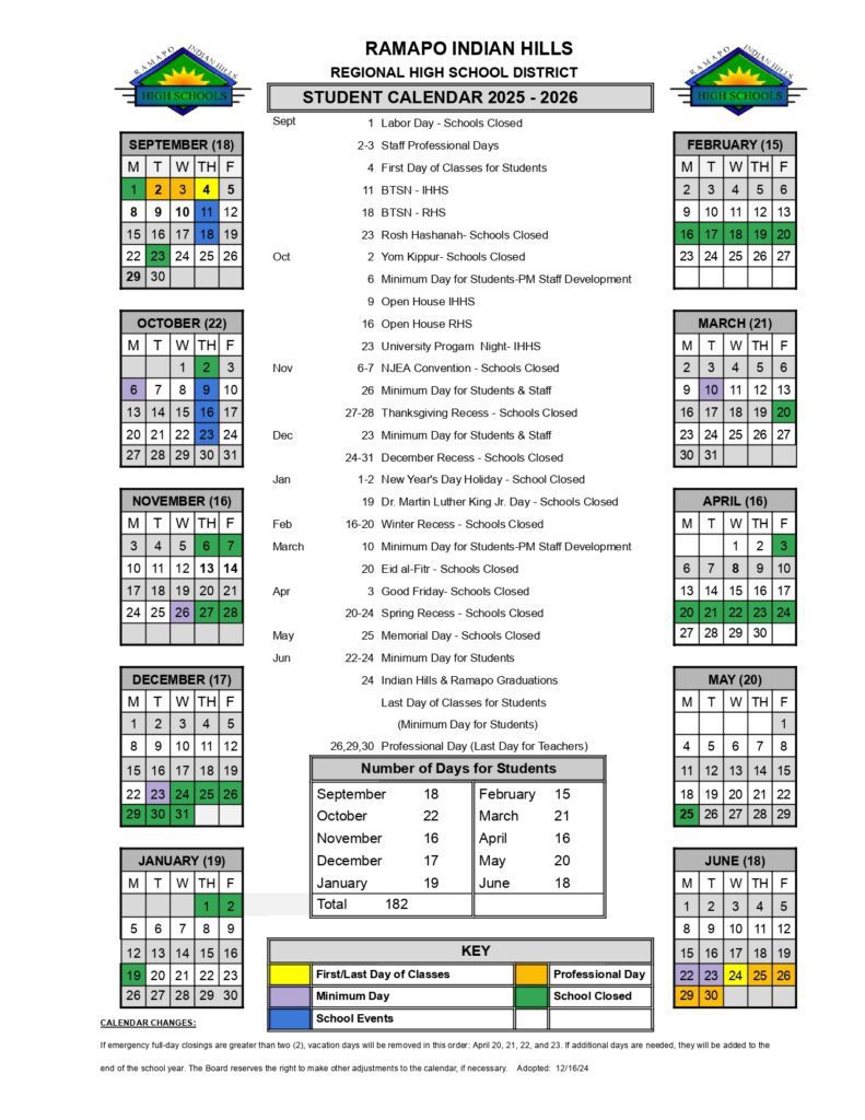 Ramapo Indian Hills Regional H.S. District calendar