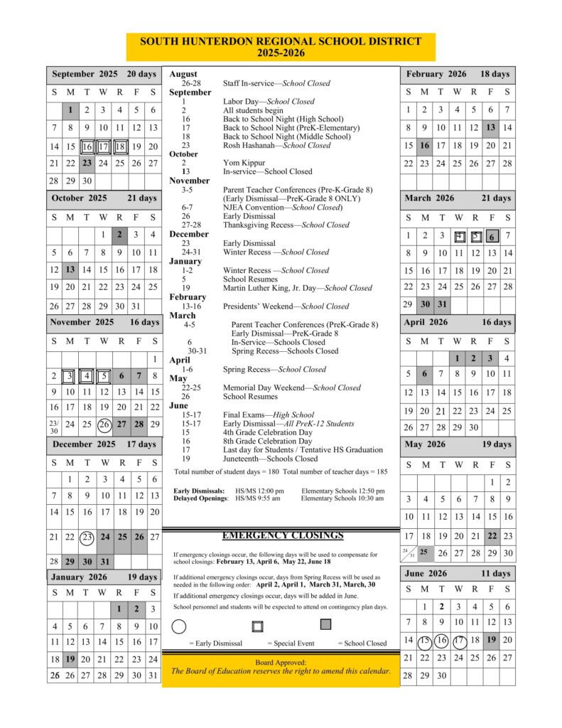 SOUTH HUNTERDON REGIONAL SCHOOL DISTRICT calendar