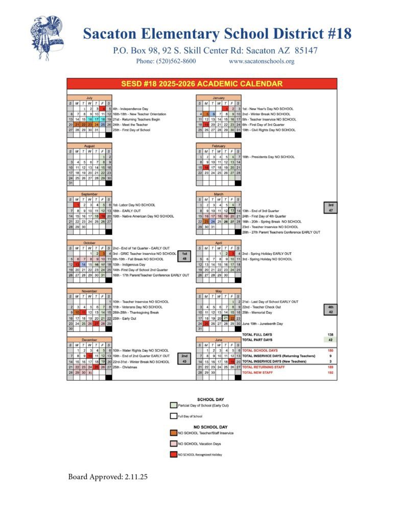 Sacaton Elementary School District Calendar