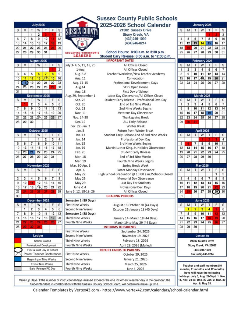 Sussex County Public Schools calendar