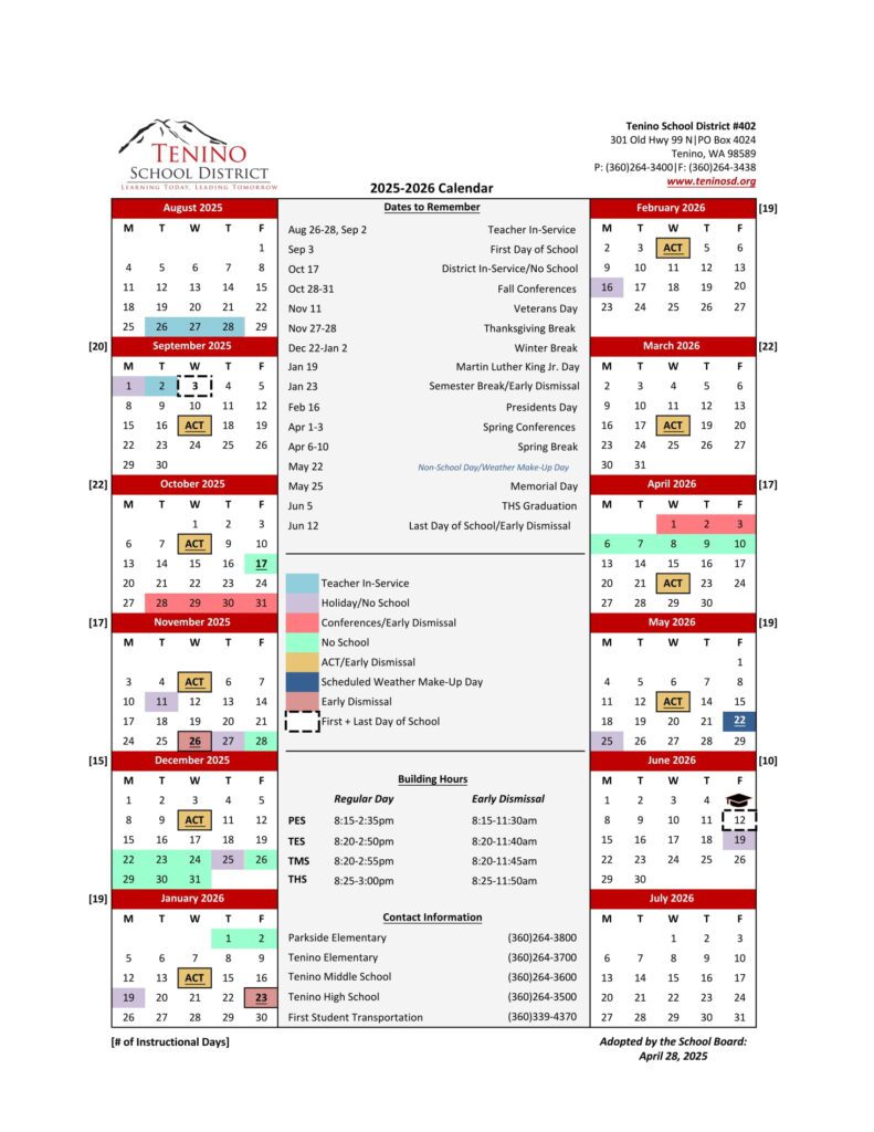 Tenino School District calendar