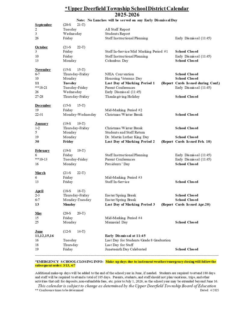 Upper Deerfield Township Schools CALENDAR