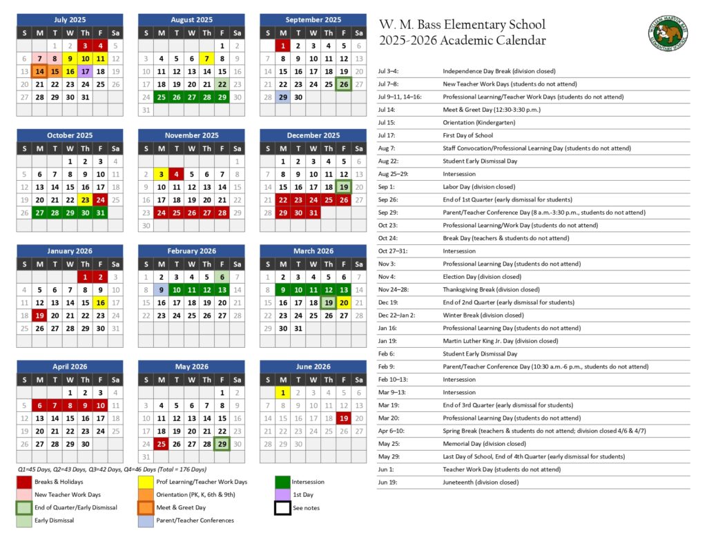 W. M. Bass Elementary School calendar
