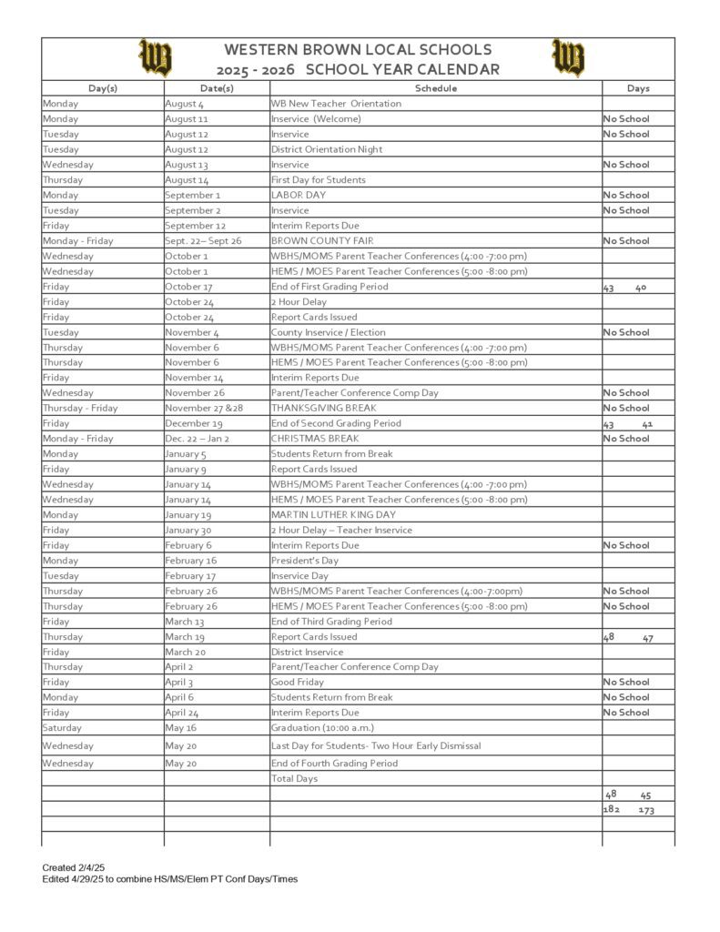 WESTERN BROWN LOCAL SCHOOLS calendar