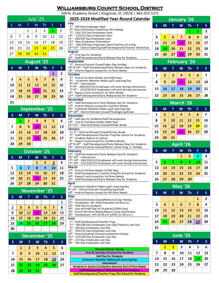 WILLIAMSBURG COUNTY SCHOOL DISTRICT CALENDAR