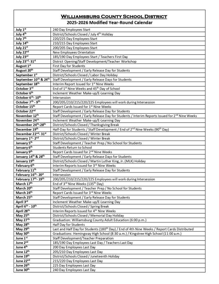 WILLIAMSBURG COUNTY SCHOOL DISTRICT CALENDAR