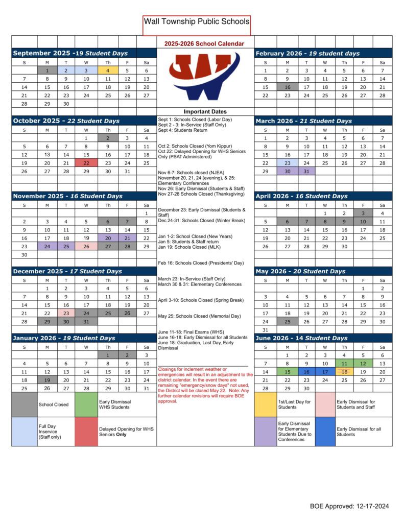 WALL TOWNSHIP PUBLIC SCHOOLS CALENDAR