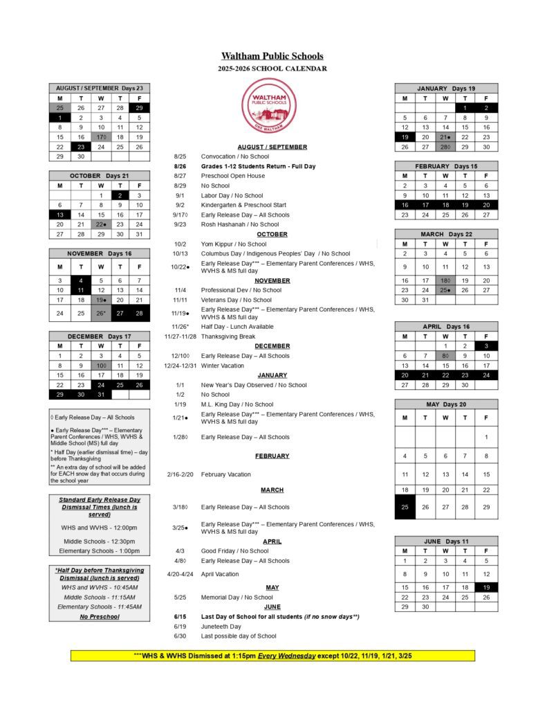 Waltham Public Schools, 2 CALENDAR