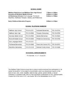 Waltham Public Schools, 2 CALENDAR