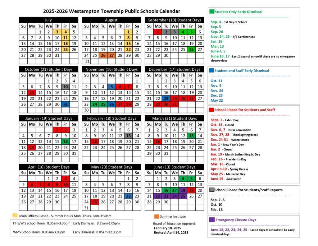 Westampton Township School District Calendar